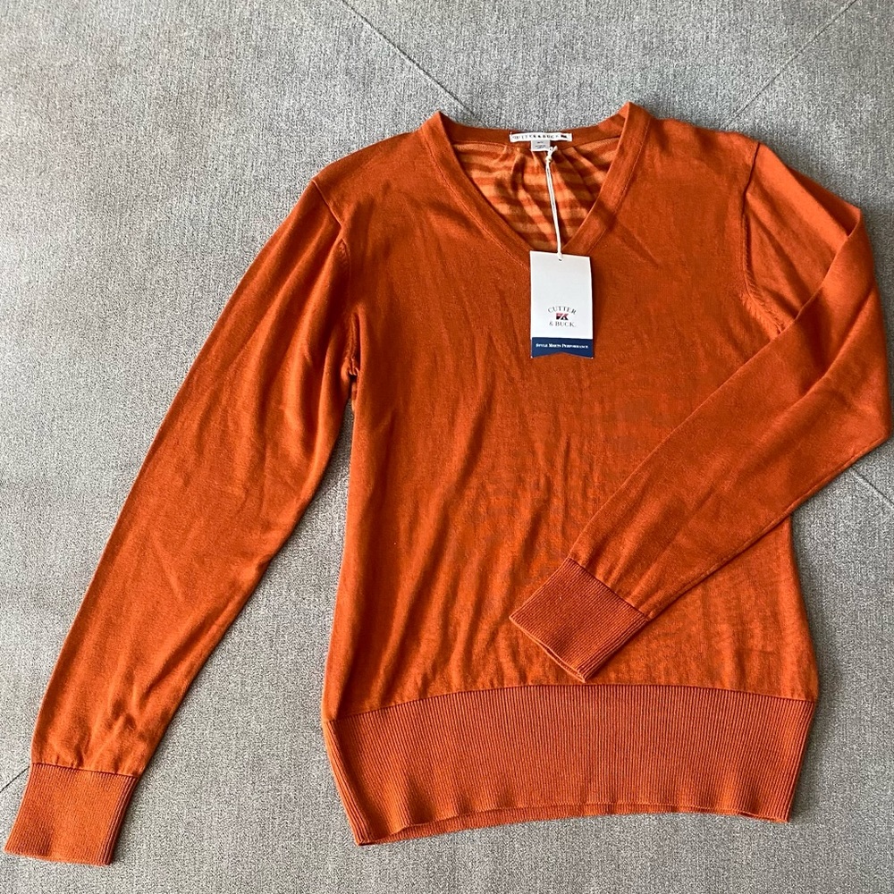 NEW With Tags! Burnt Orange Cutter & Buck Women's V-Neck Sweater Size Medium